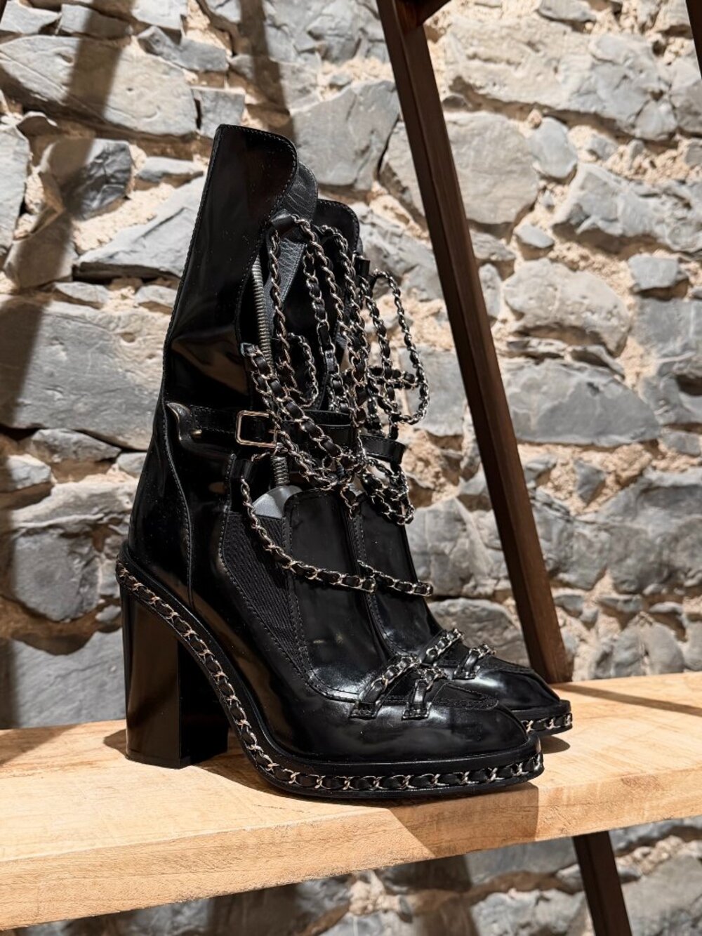 Chanel 2013 Glazed Leather Chain Obsession Heeled Boots